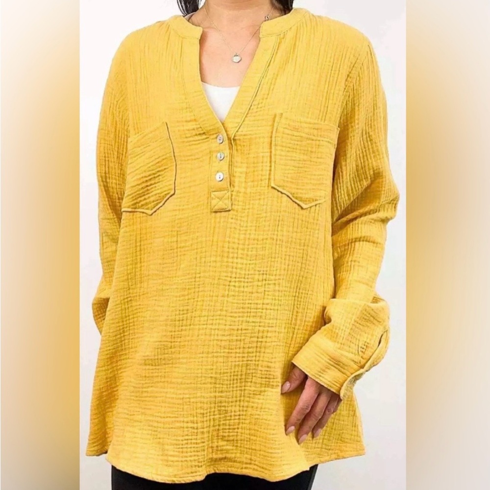 Mote Women’s Yellow Textured 100% Cotton V-Neck Pockets Pullover Tunic XXL NWT‎